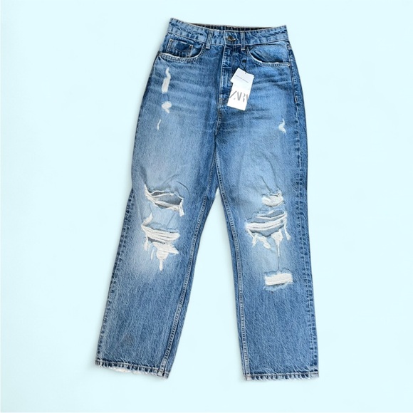 Zara Denim - Zara High Rise Distressed Blue Jeans